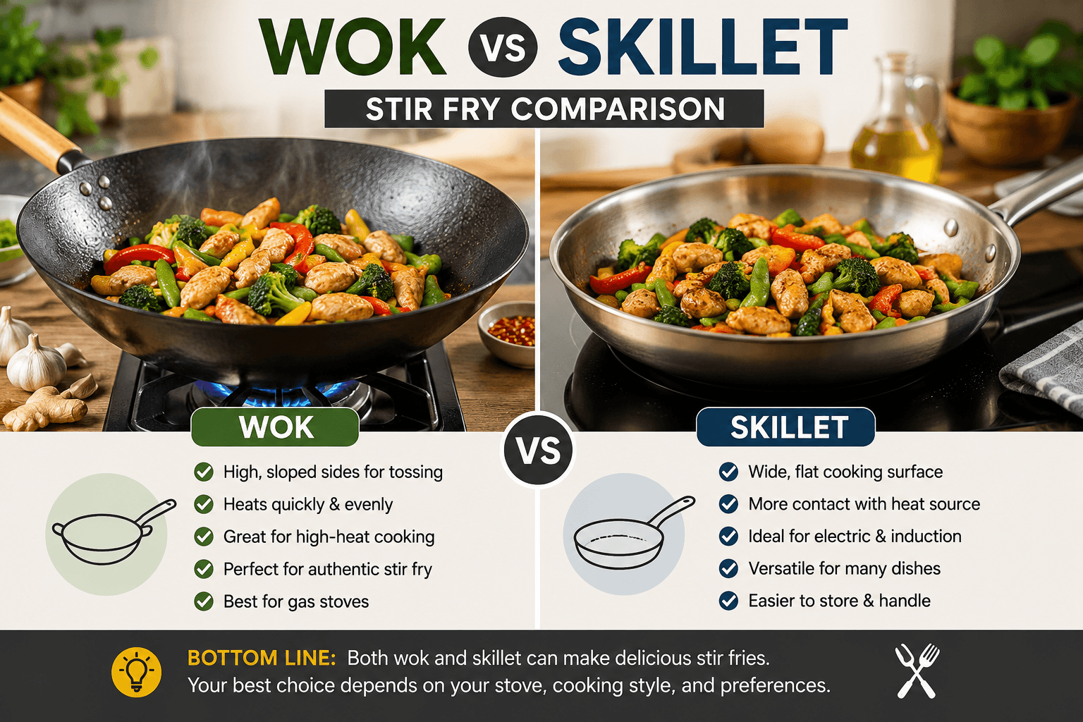 Wok vs skillet stir fry comparison with vegetables and chicken cooking in both pans