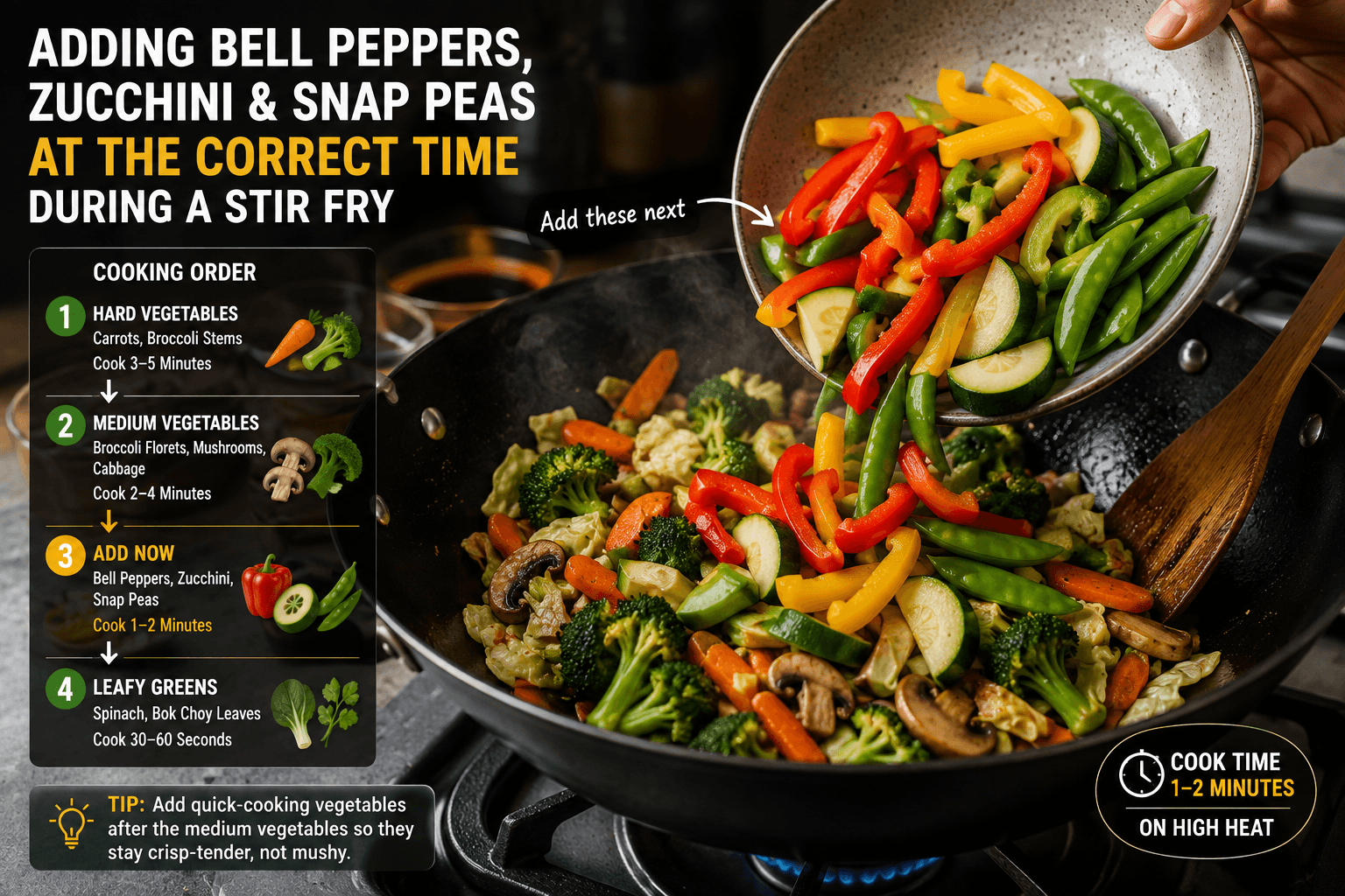 Adding bell peppers zucchini and snap peas at the correct stage during a stir fry