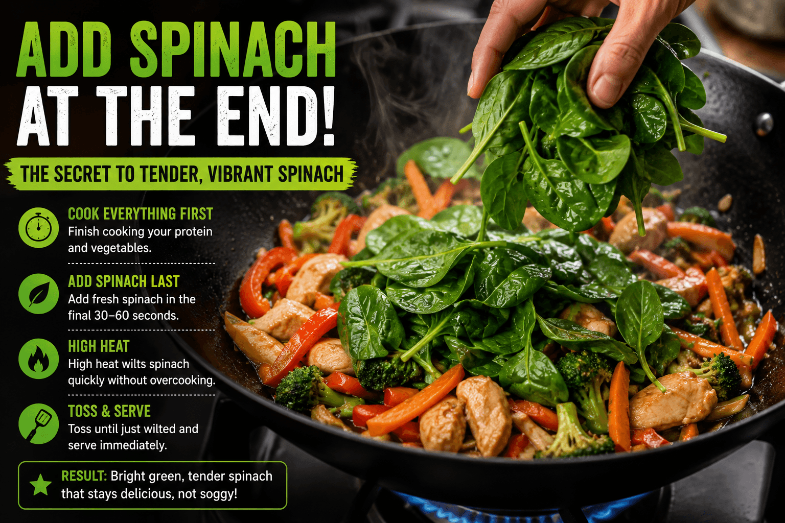 Adding fresh spinach to a hot stir fry during the final stage of cooking to avoid overcooking
