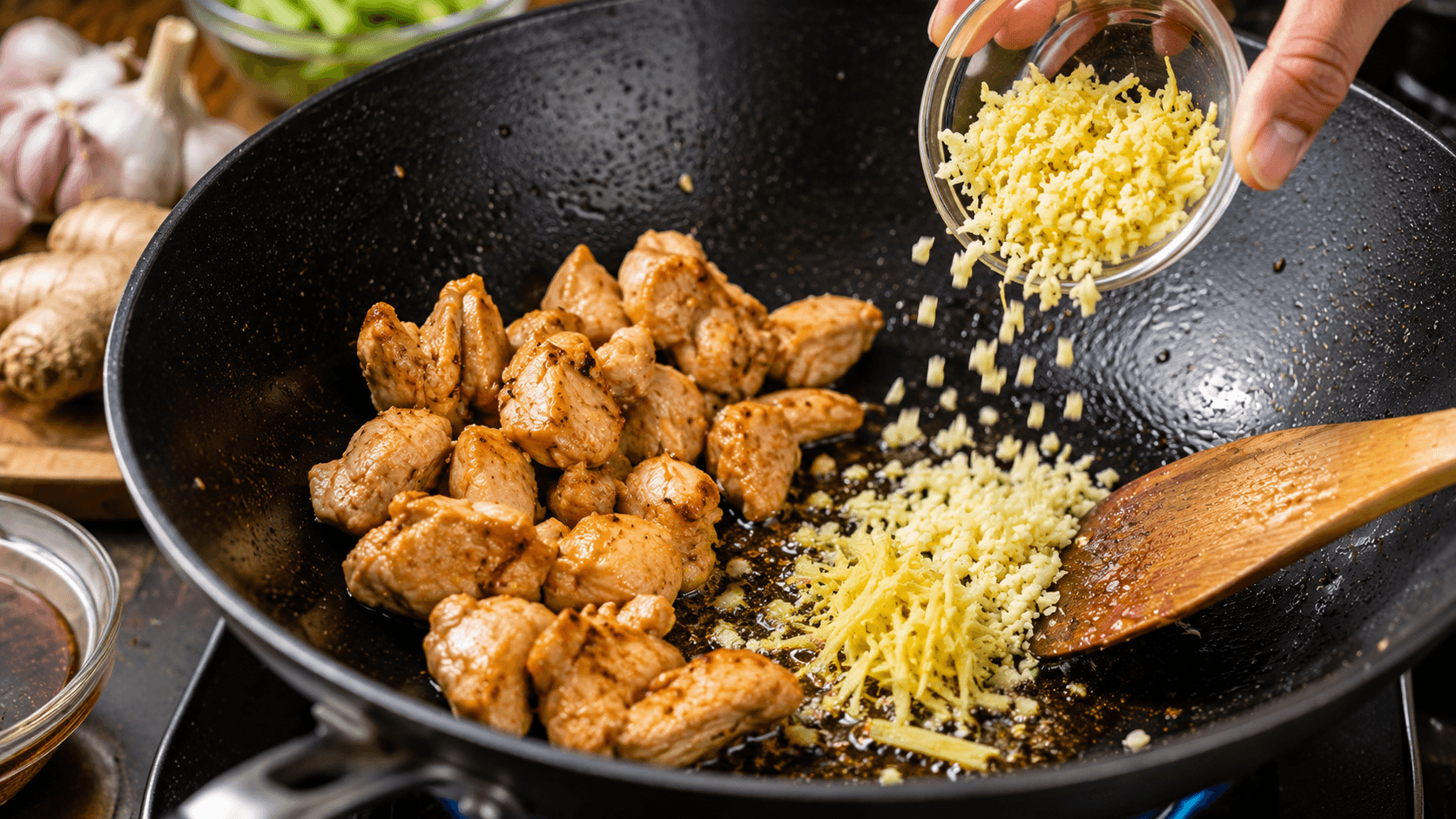 Adding minced garlic and fresh ginger after cooking chicken in a hot wok before vegetables