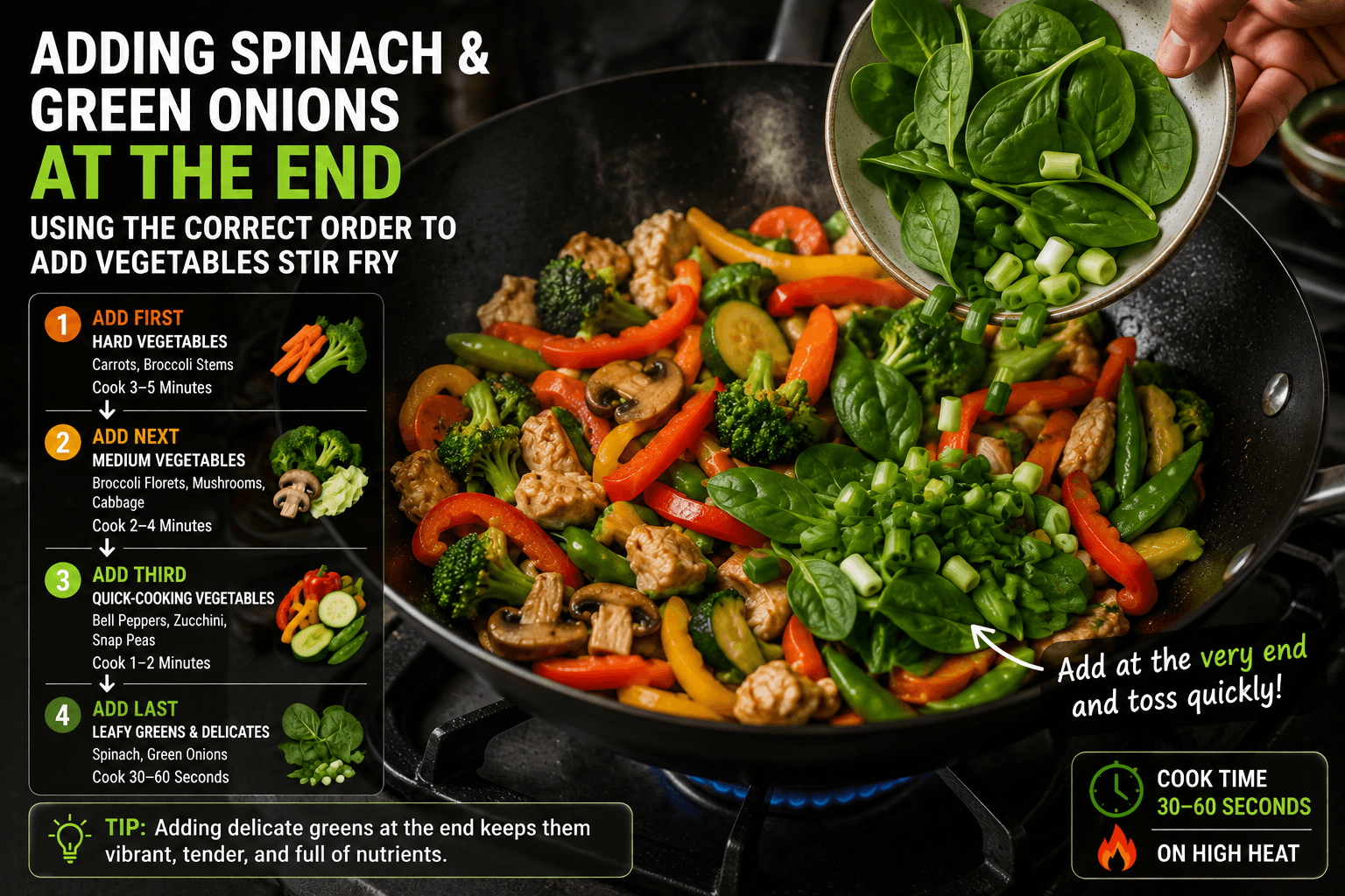 Adding spinach and green onions at the end using the correct order to add vegetables stir fry