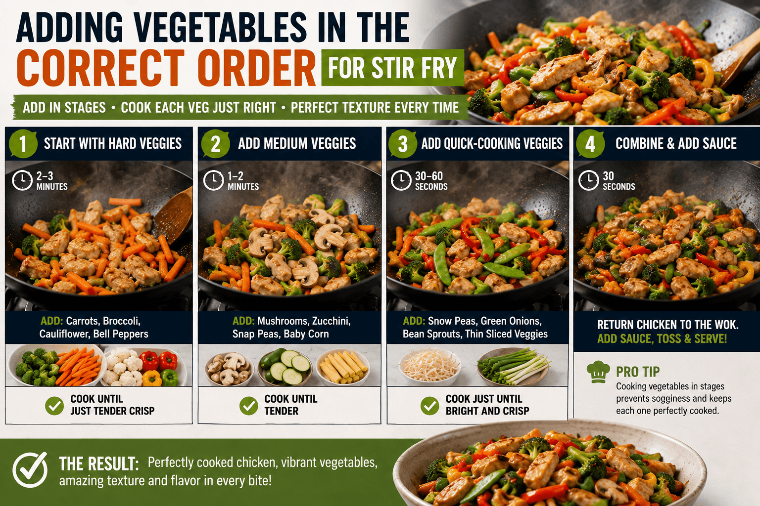 Adding vegetables in stages during chicken stir fry for perfect texture