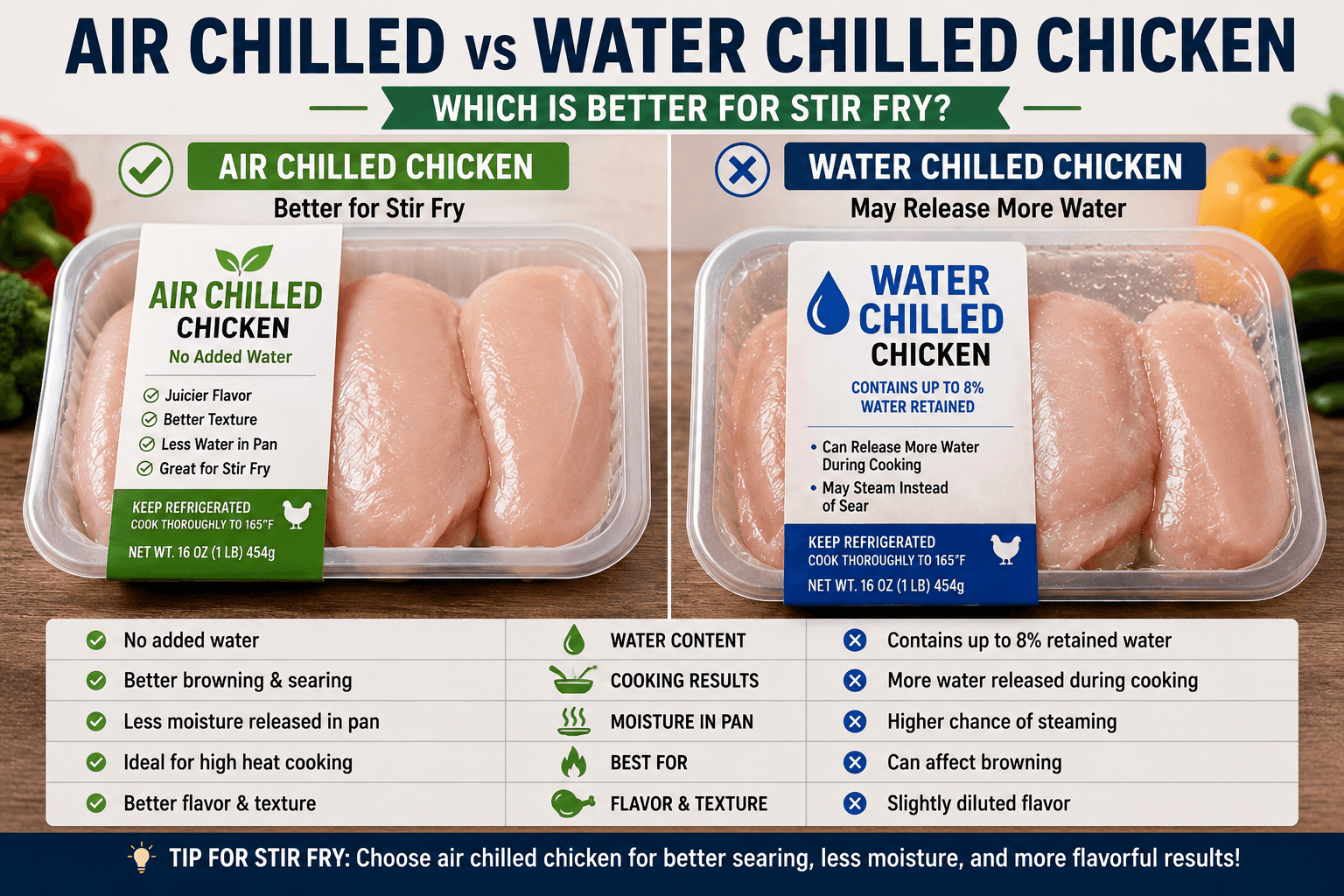 Air chilled chicken compared with water chilled chicken packaging for stir fry cooking