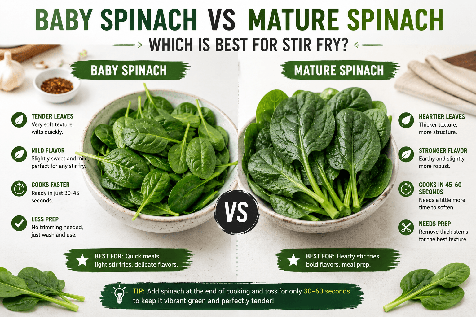 Fresh baby spinach and mature spinach compared for cooking spinach stir fry without overcooking