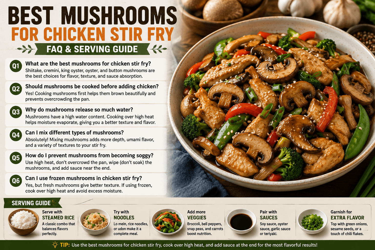 Freshly cooked chicken mushroom stir fry made with the best mushrooms for chicken stir fry and served in a bowl