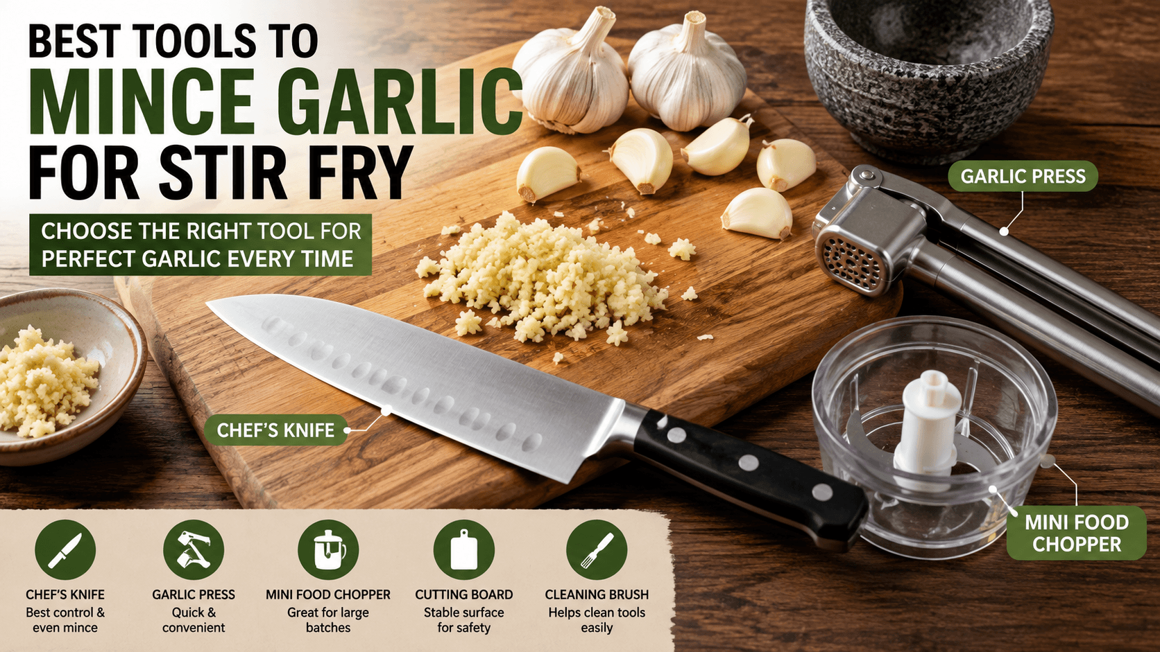 Chef's knife garlic cloves and cutting board showing the best tools to mince garlic for stir fry
