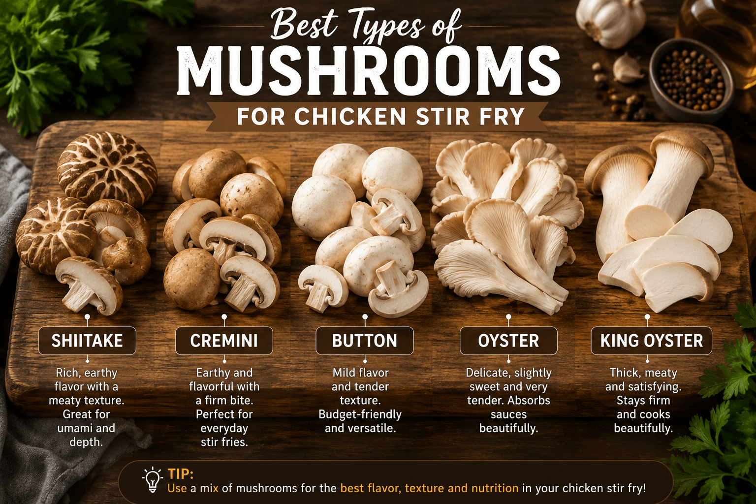 Different types of mushrooms for chicken stir fry including shiitake cremini button oyster and king oyster mushrooms on a cutting board