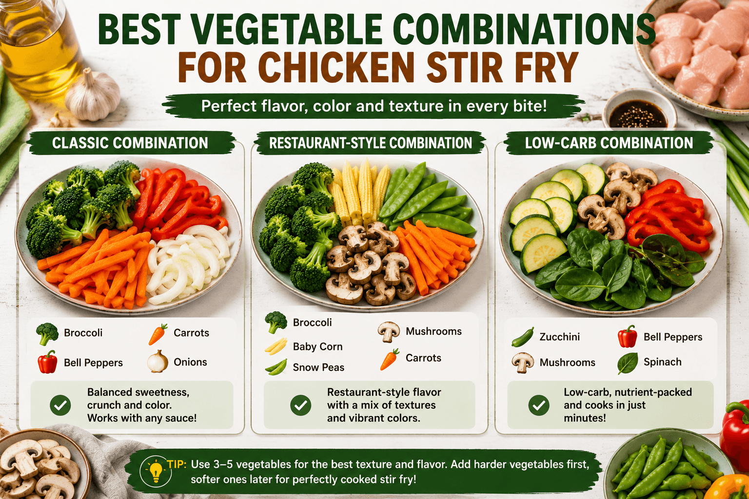 Best vegetable combinations for chicken stir fry including broccoli bell peppers carrots mushrooms zucchini and snap peas