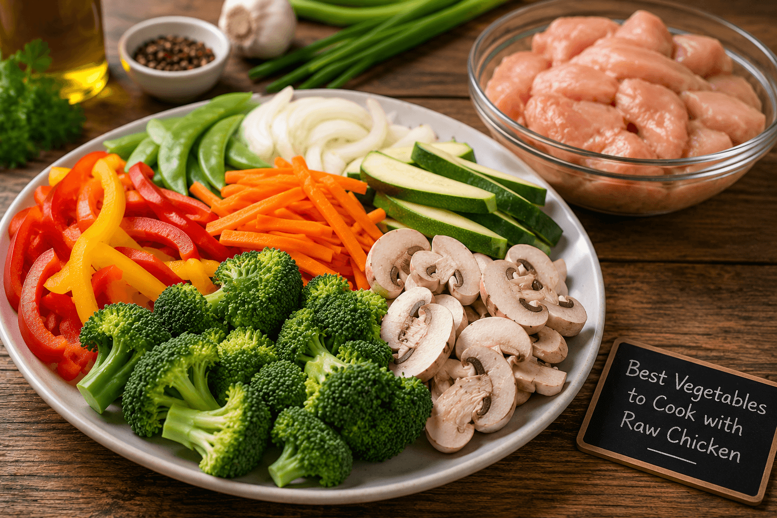 Fresh broccoli bell peppers mushrooms zucchini and carrots prepared for cooking with raw chicken