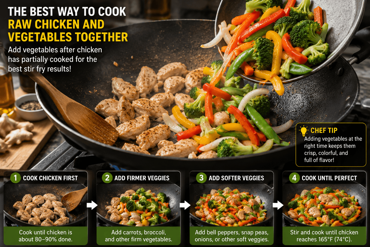 Adding vegetables to a wok after chicken has partially cooked for the best stir fry results