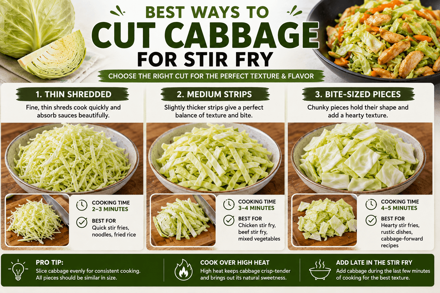 Different ways to cut cabbage for stir fry including thin shredded cabbage medium slices and bite sized pieces
