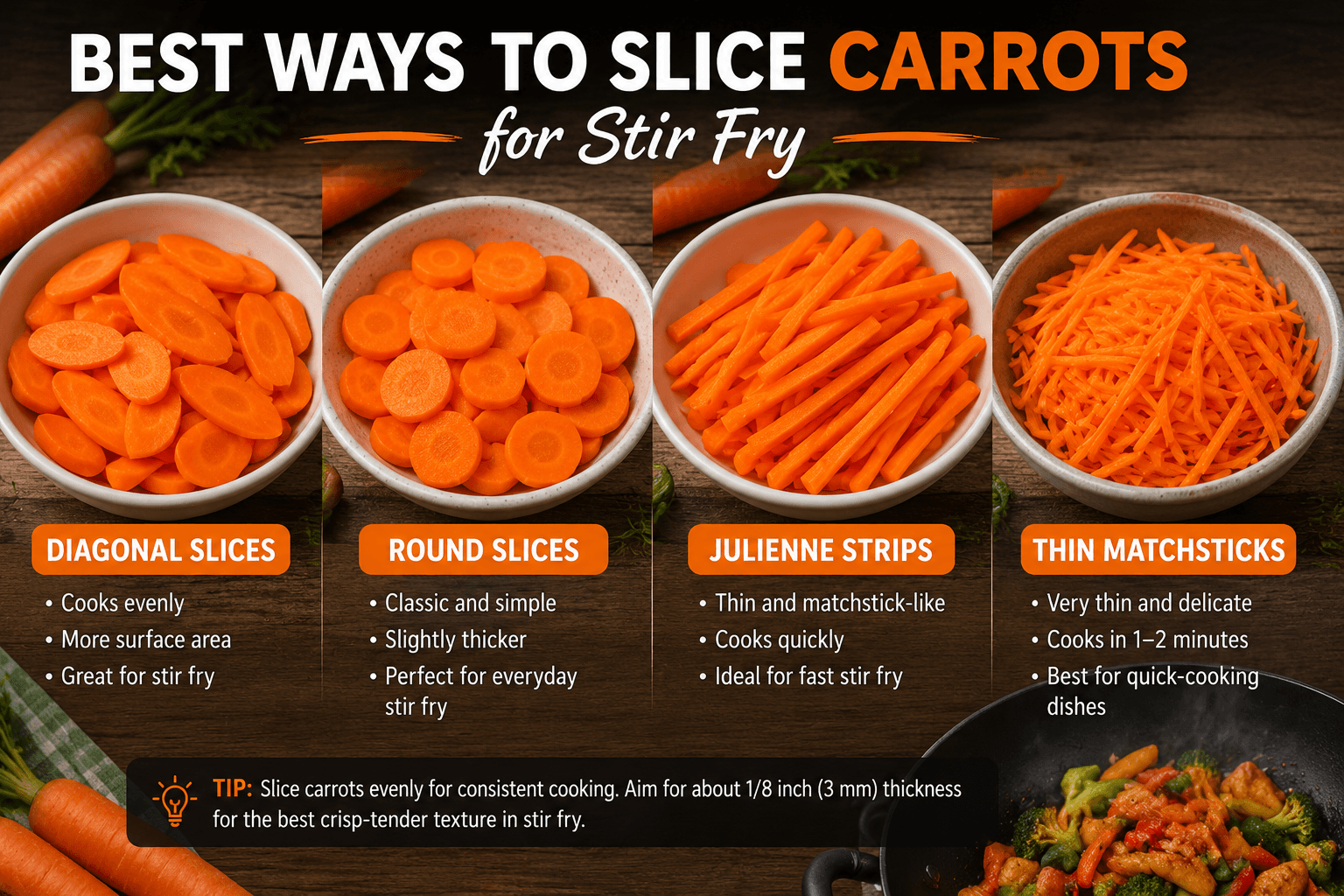 Different ways to slice carrots for stir fry including diagonal slices rounds and julienne strips