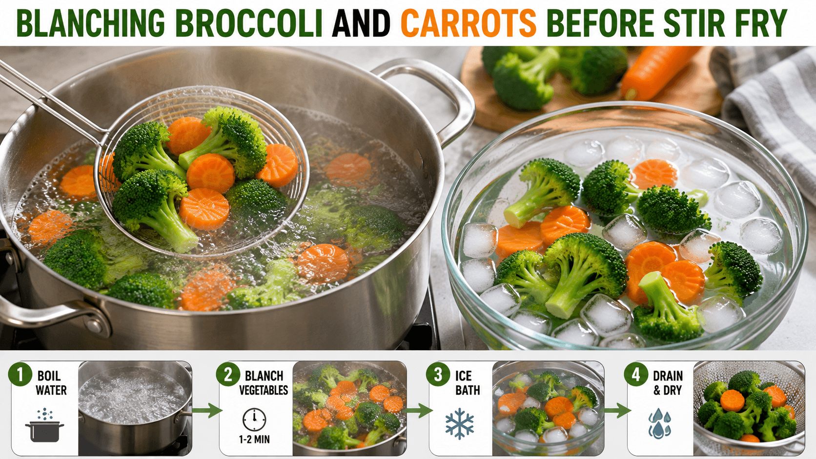 Blanching broccoli and carrots before stir fry in boiling water then cooling in an ice bath