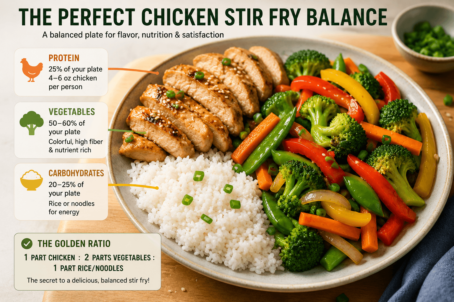 Balanced chicken stir fry showing the ideal ratio of chicken vegetables and rice on a dinner plate