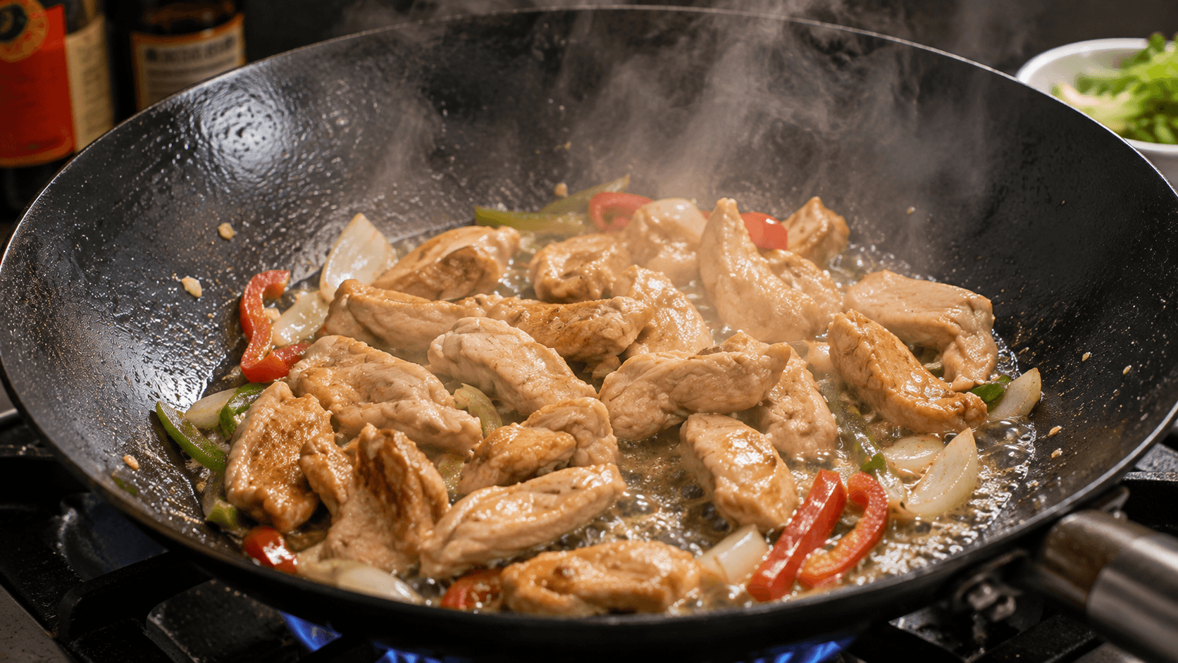 Chicken releasing moisture in a hot skillet during stir fry cooking