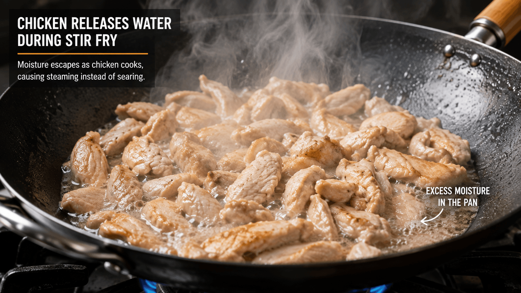 Chicken releases water stir fry as moisture escapes while cooking in an overcrowded wok