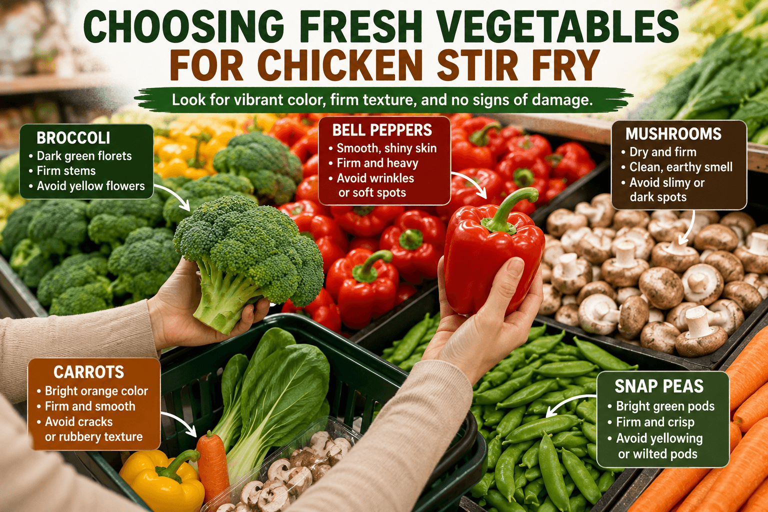 Choosing fresh vegetables for chicken stir fry including broccoli bell peppers mushrooms carrots and snap peas at a grocery store