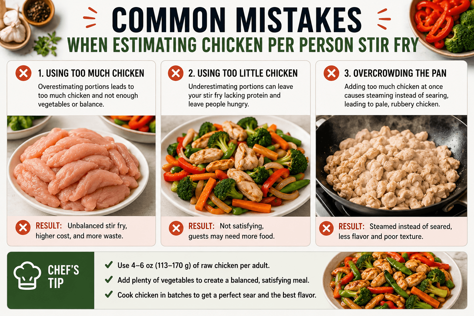 Common mistakes when estimating chicken per person stir fry including overcrowding the pan and using too much chicken