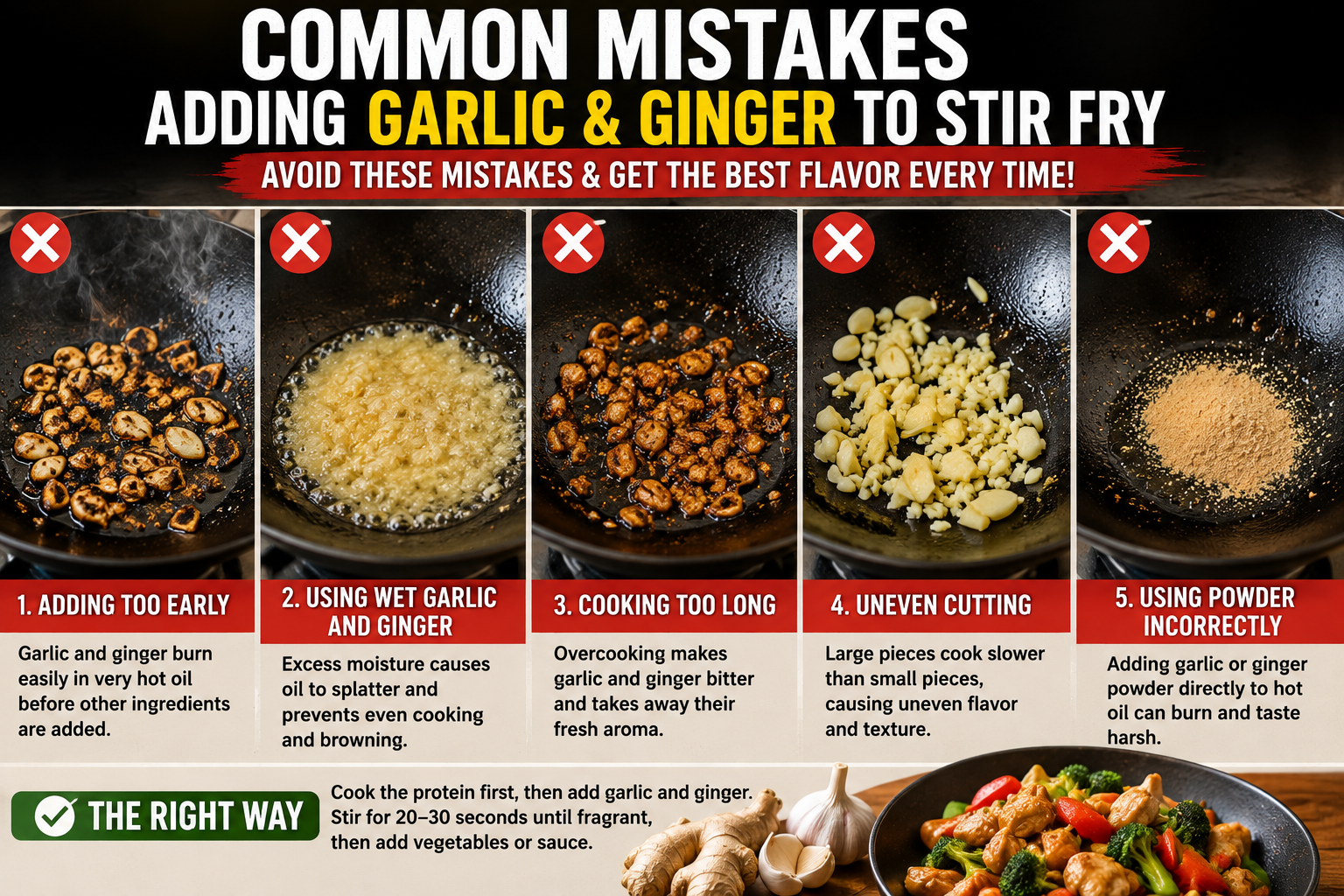 Common mistakes when adding garlic and ginger to stir fry including burnt garlic and uneven cooking