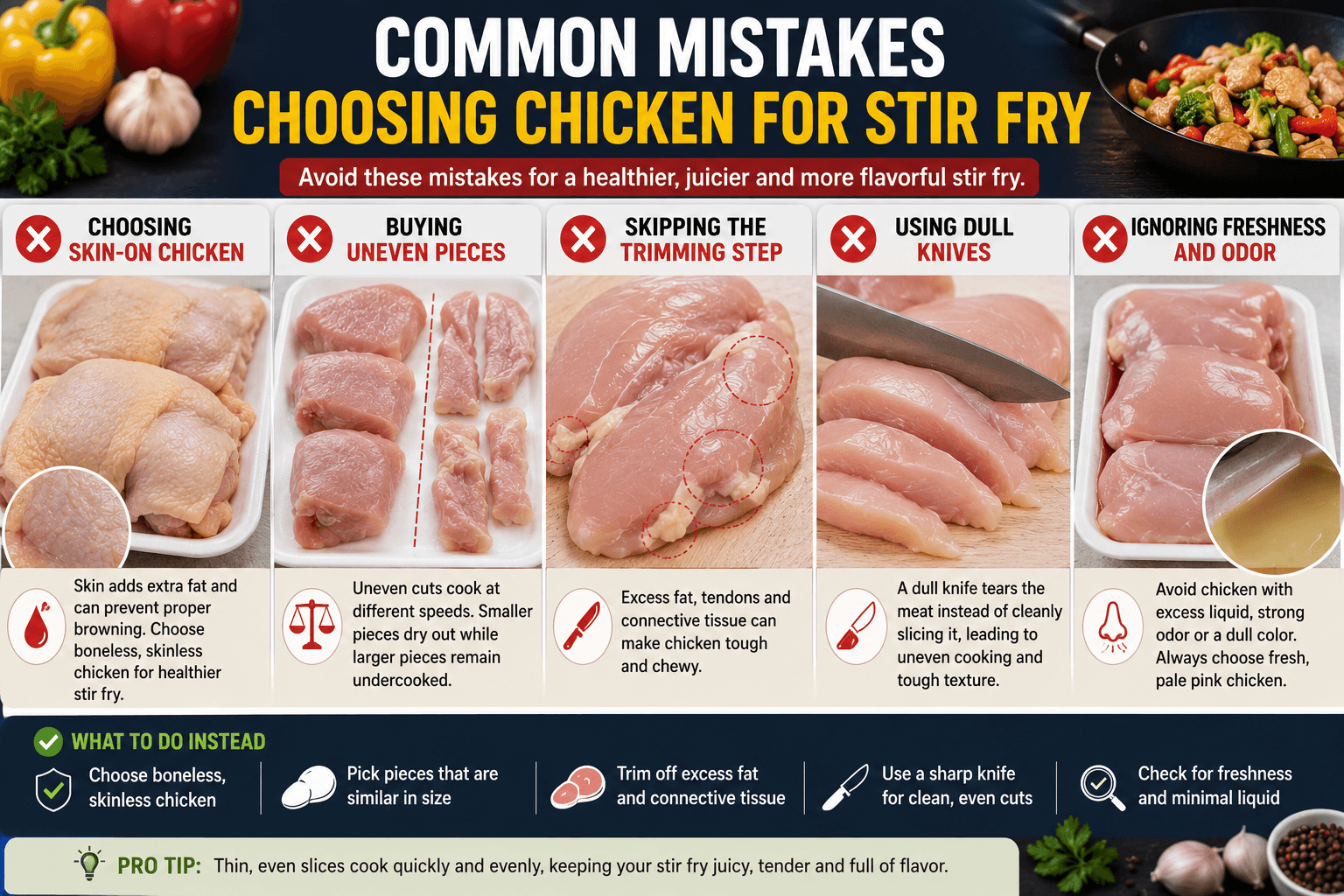 Common mistakes when choosing chicken for stir fry including uneven cuts and skin-on chicken