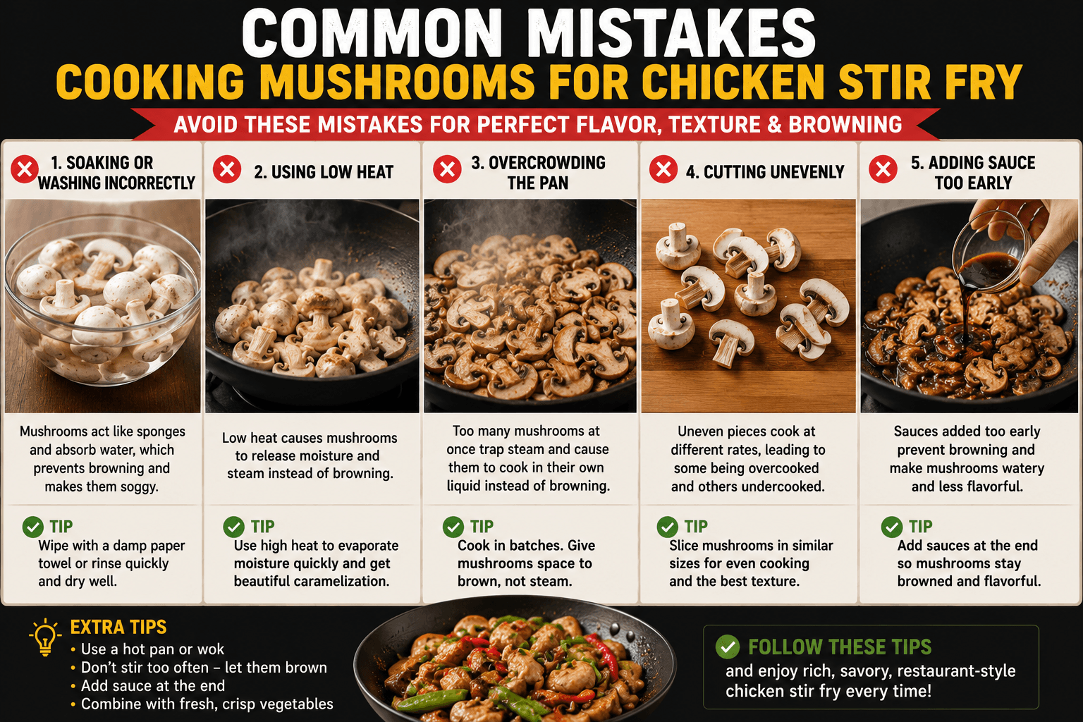 Common mistakes when cooking mushrooms for chicken stir fry including overcrowding the pan soaking mushrooms and using low heat