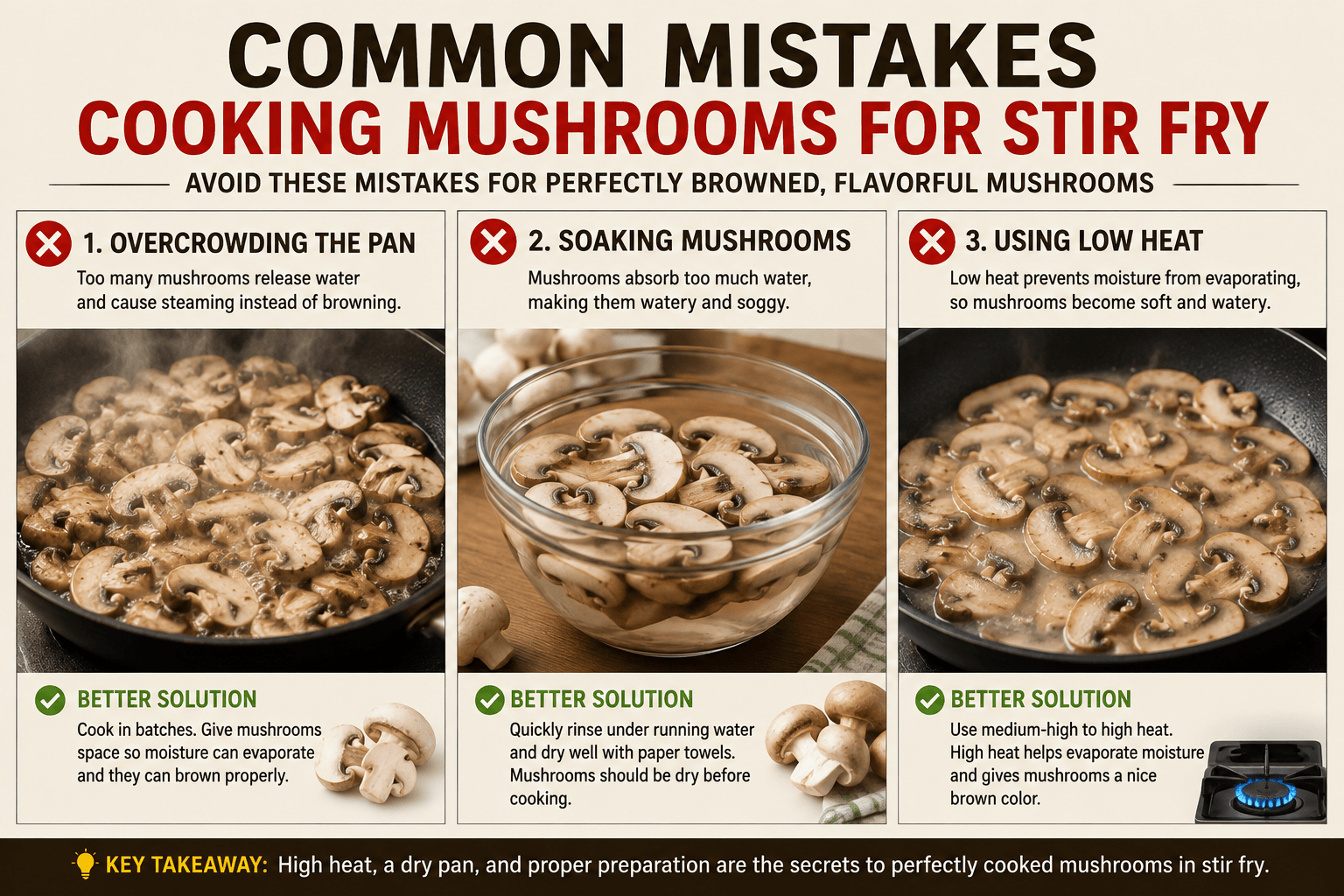 Common mistakes when cooking mushrooms for stir fry including overcrowding the pan soaking mushrooms and using low heat