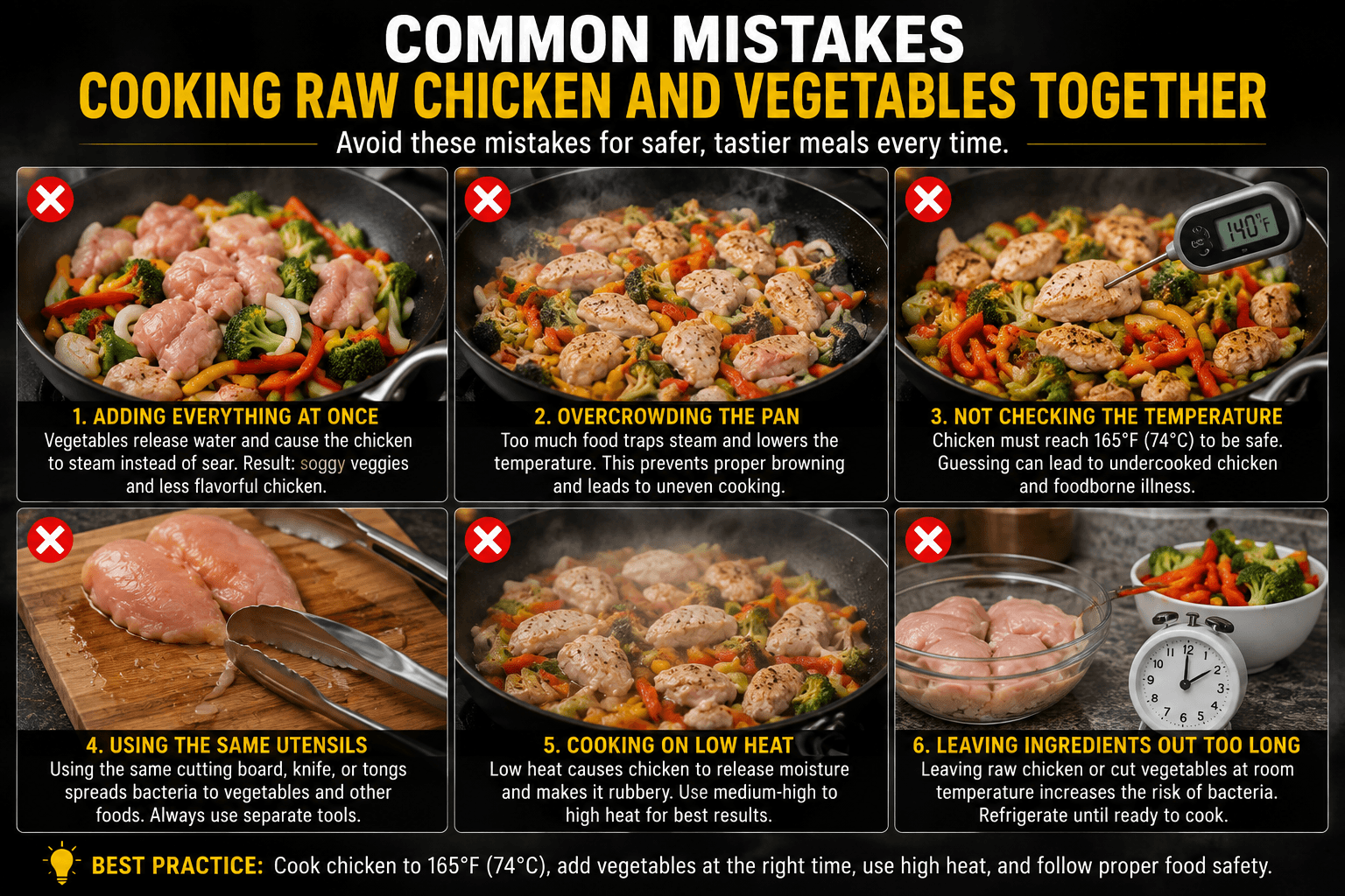 Common mistakes when cooking raw chicken and vegetables together including overcrowding a skillet