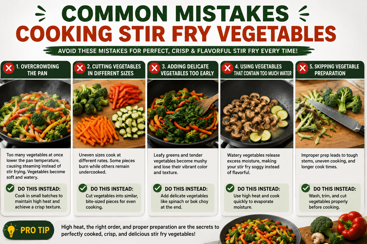 Common mistakes when cooking vegetables for chicken stir fry including overcrowding the pan and uneven vegetable sizes