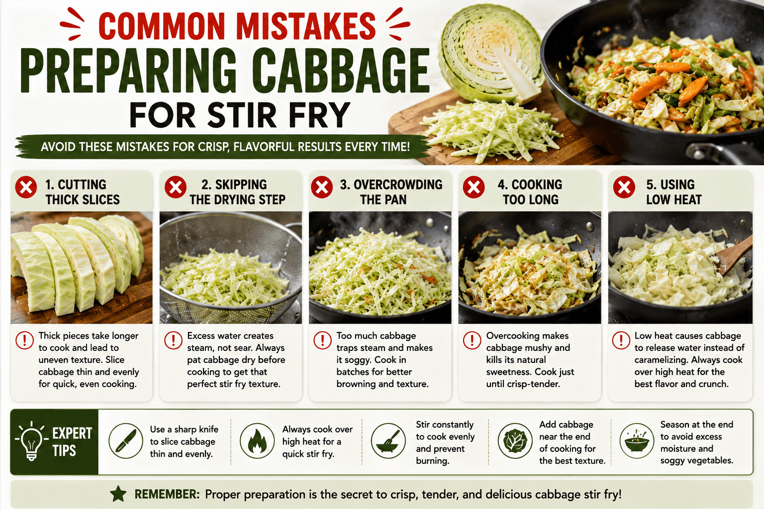Common mistakes when preparing cabbage for stir fry including thick slices wet cabbage overcrowded pan and overcooking