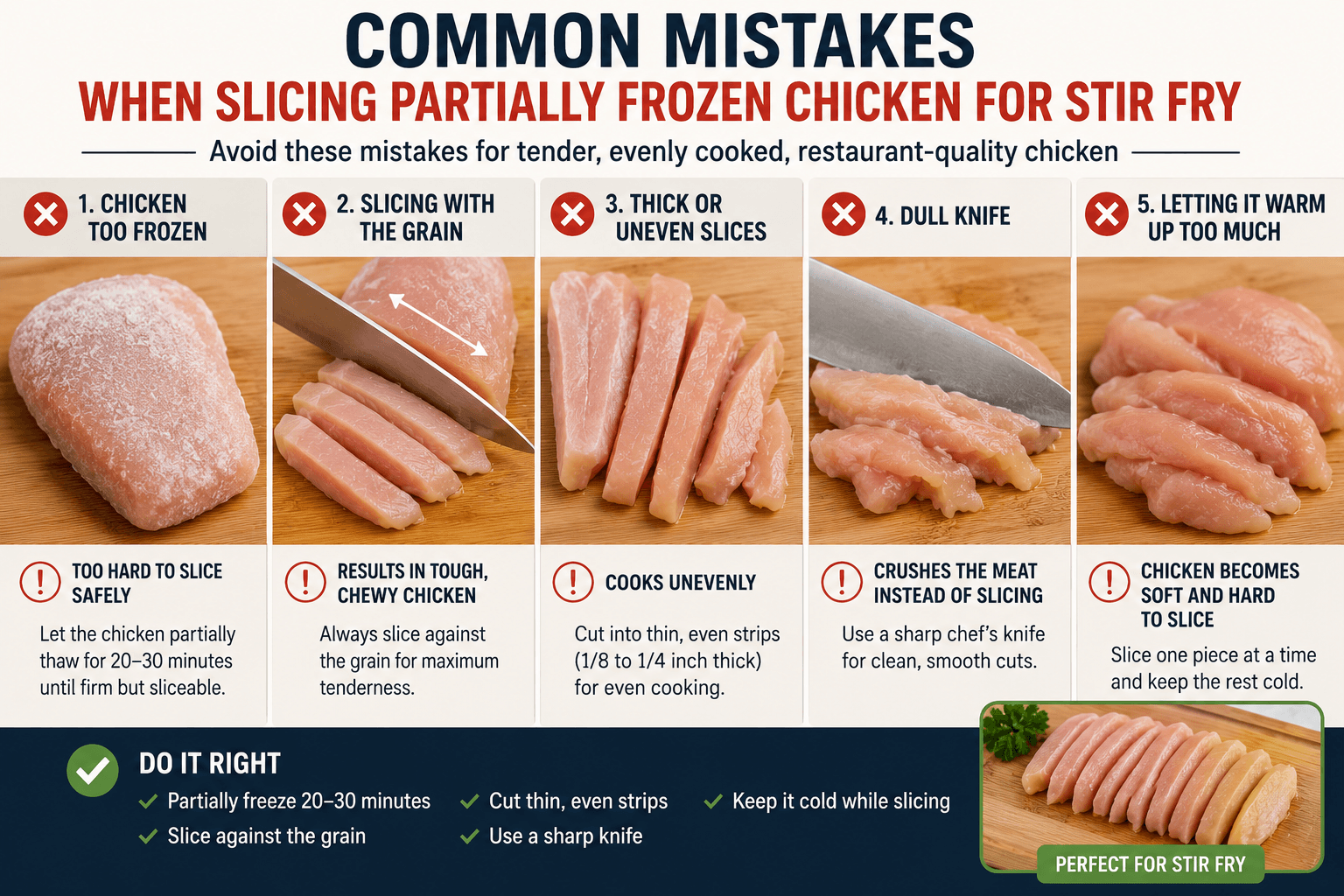 Common mistakes when slicing partially frozen chicken for stir fry including thick cuts and slicing with the grain