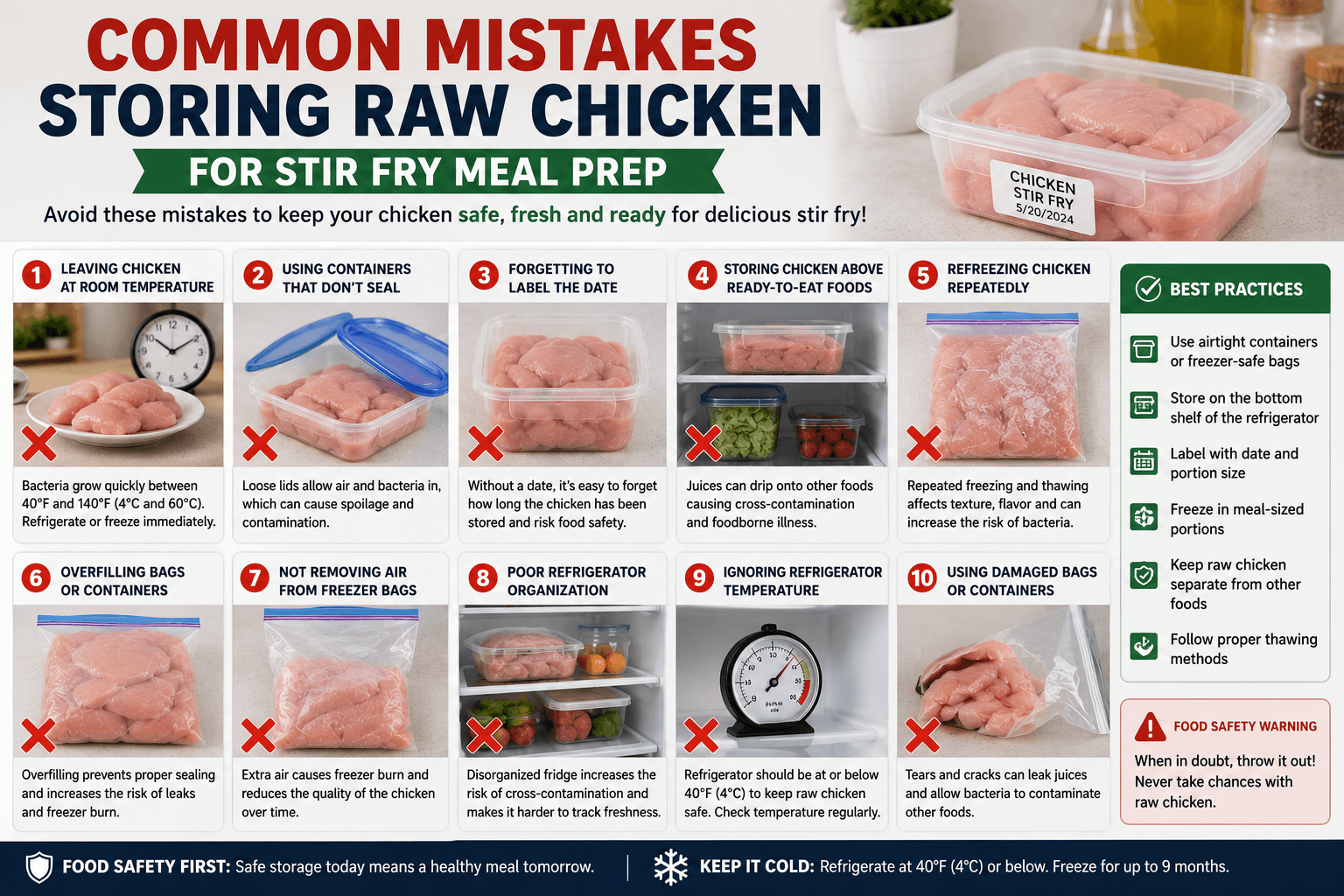 Common mistakes when storing raw chicken for stir fry meal prep including improper containers and poor refrigerator organization