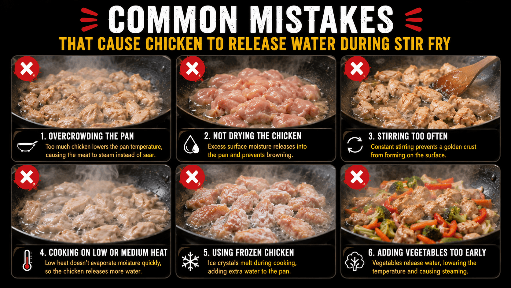 Common mistakes that cause chicken to release water during stir fry including overcrowding and stirring too often