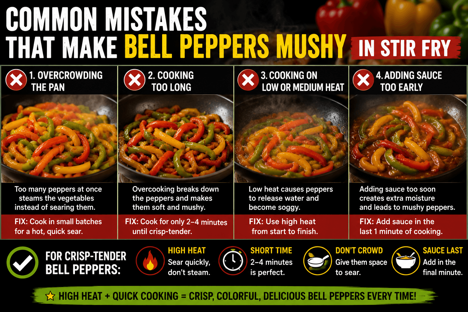 Common mistakes that make bell peppers mushy including overcrowding the pan and cooking too long
