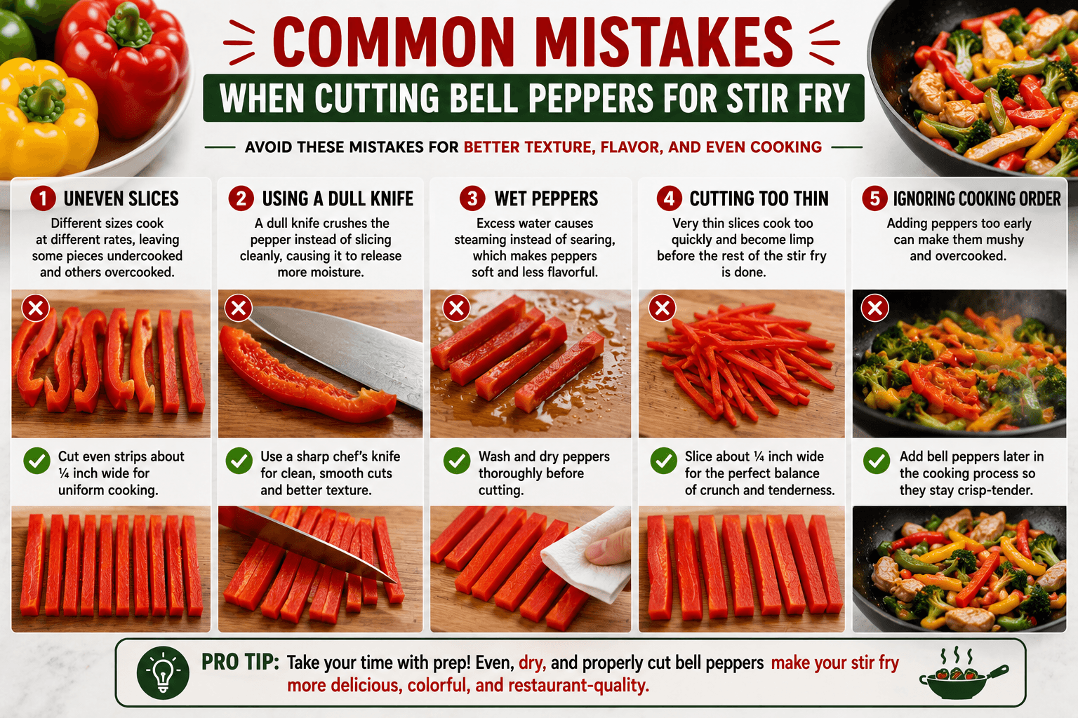 Common mistakes when cutting bell peppers for stir fry including uneven slices dull knife and wet peppers