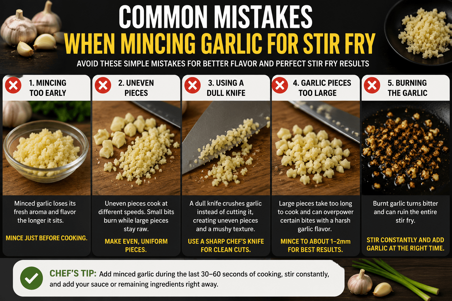 Common mistakes when mincing garlic for stir fry including uneven chopping and burnt garlic