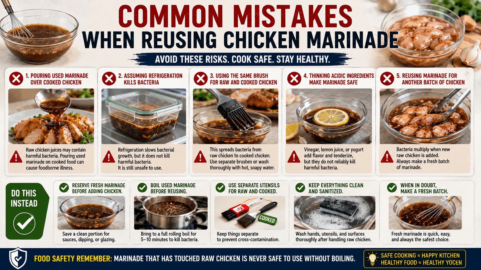 Common mistakes when reusing chicken marinade including pouring raw marinade over cooked chicken and cross-contamination