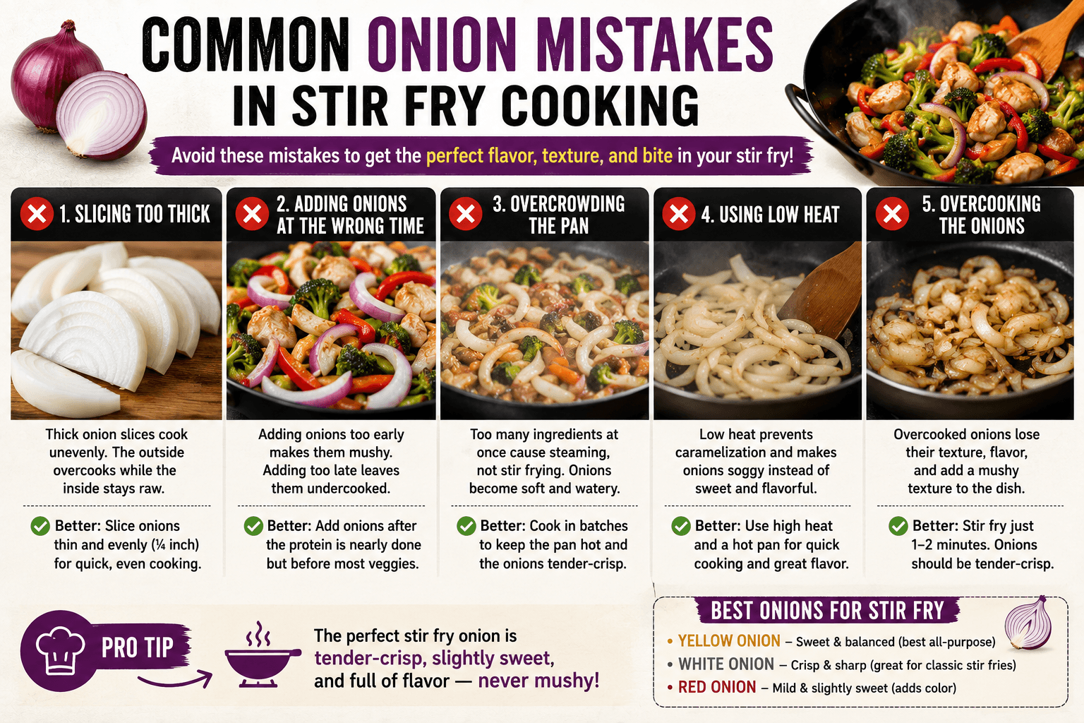 Common mistakes when cooking onions for stir fry including thick slices overcrowding the pan and overcooking