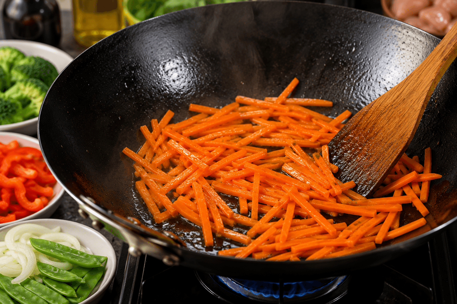 Thinly sliced carrots cooking first in a hot wok before adding other stir fry vegetables