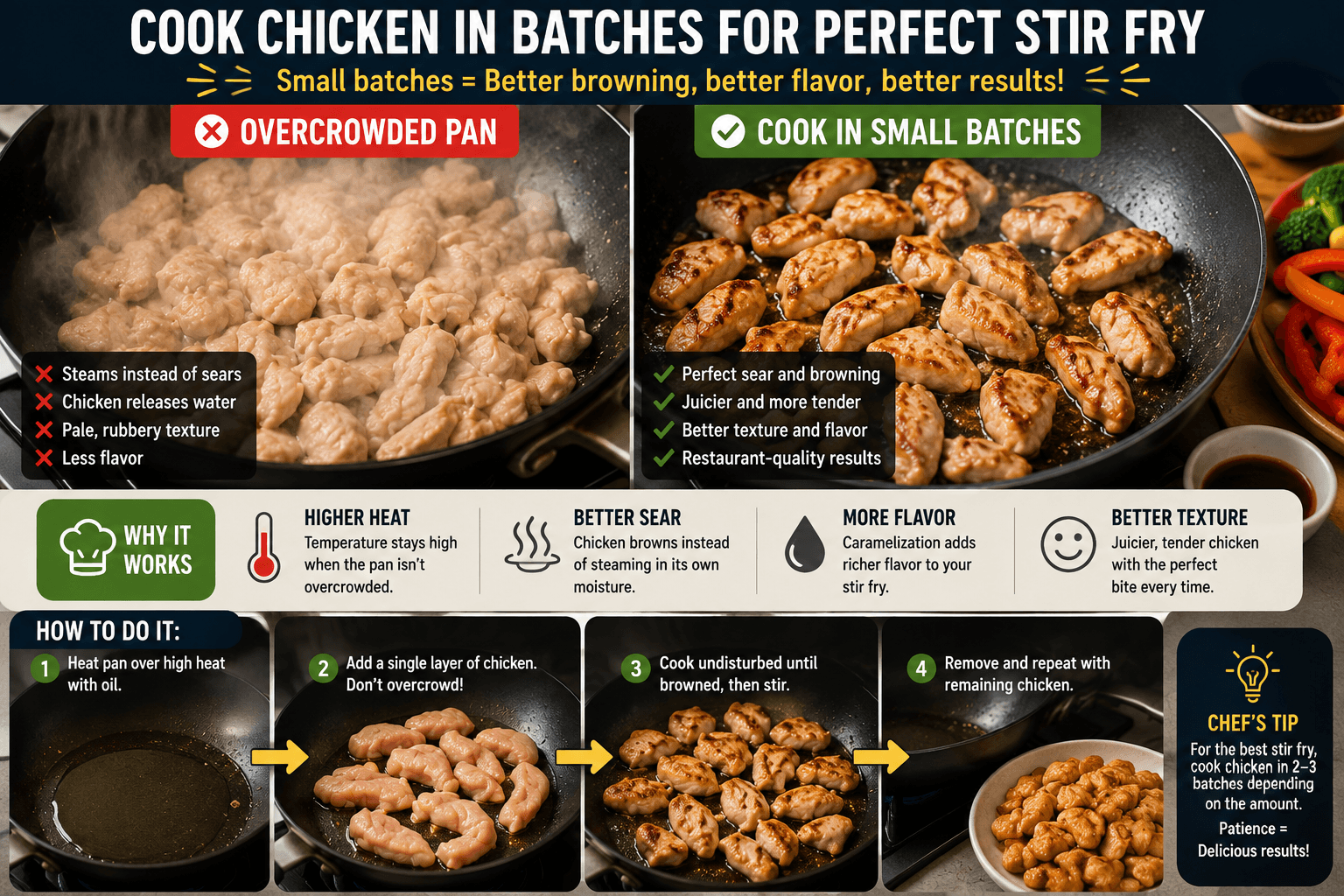 Cooking chicken in small batches for evenly browned stir fry chicken