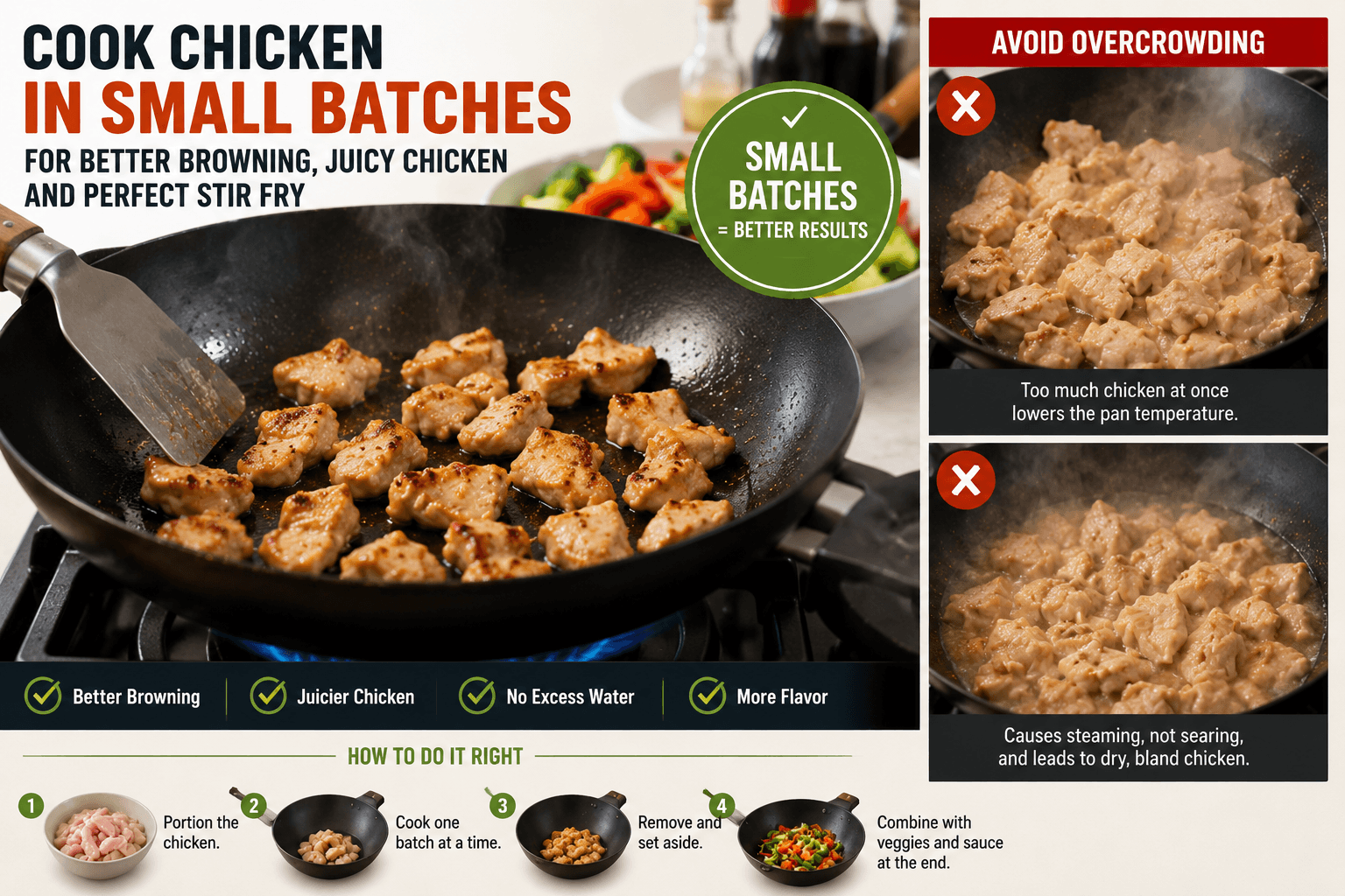 Cooking chicken in small batches to prevent overcrowding during stir fry