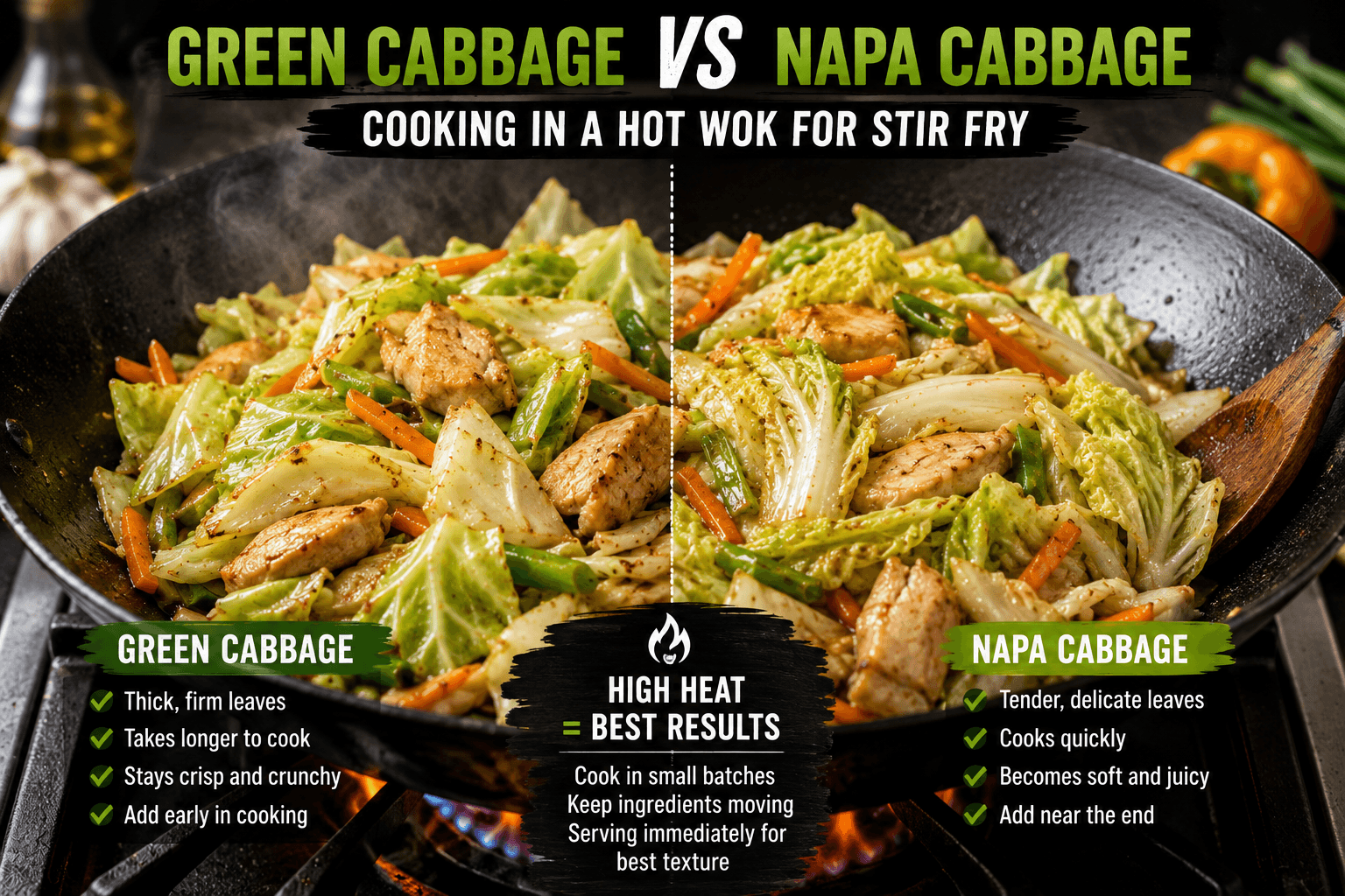 Green cabbage and napa cabbage cooking in a hot wok for stir fry with vegetables and chicken
