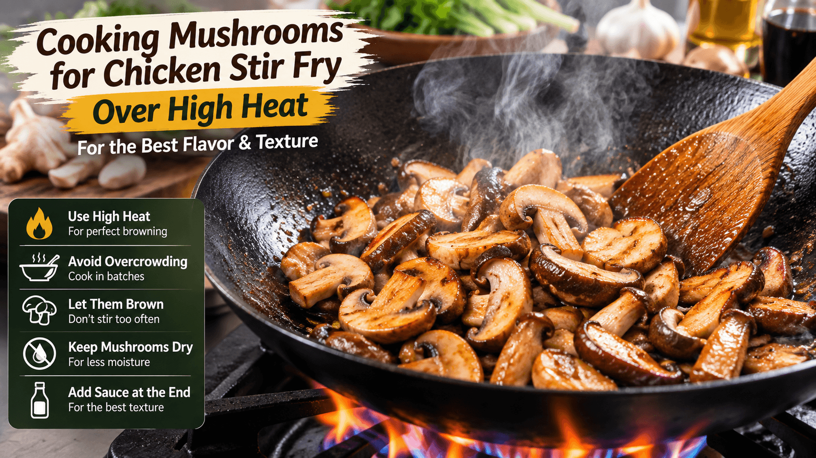 Cooking mushrooms over high heat in a wok for the best chicken stir fry with golden brown caramelization