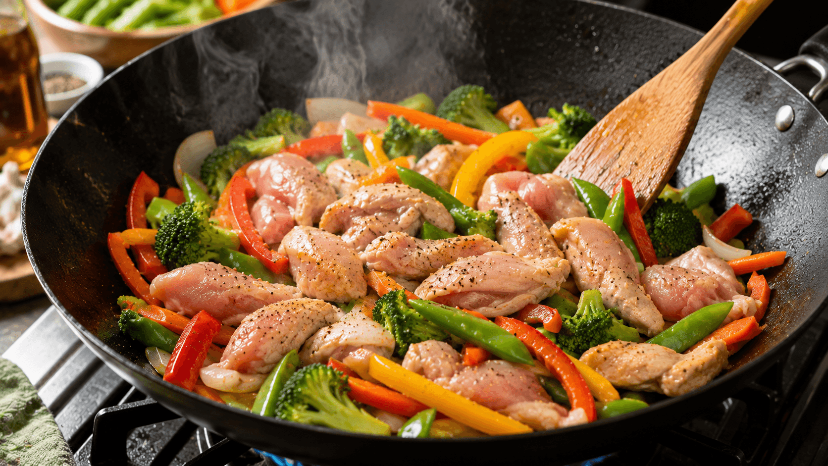 Cooking raw chicken with vegetables safely in a hot wok while stirring evenly