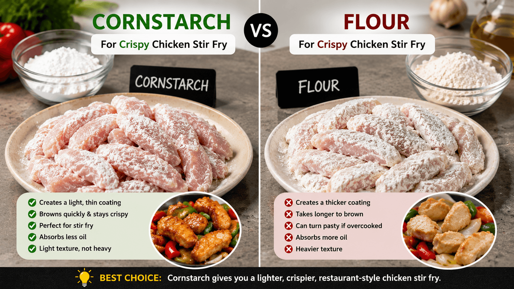 Cornstarch compared with flour for making crispy chicken stir fry