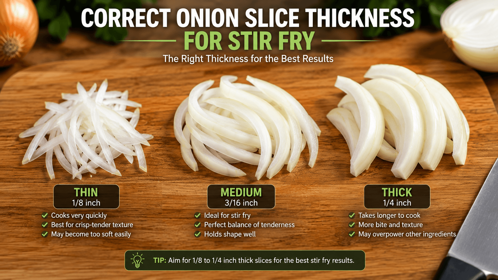 Different onion slice thicknesses for stir fry showing thin medium and thick cuts on a cutting board