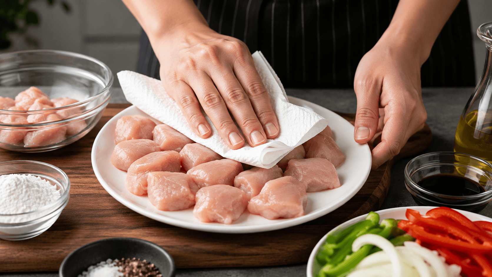 Cook patting chicken dry with paper towels before making crispy chicken stir fry