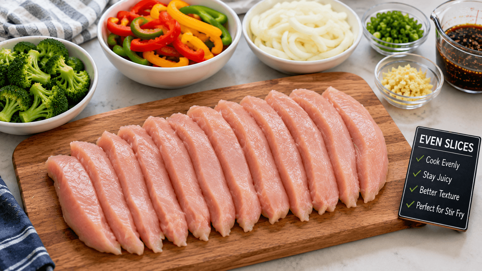 Evenly sliced chicken strips for stir fry to prevent uneven cooking