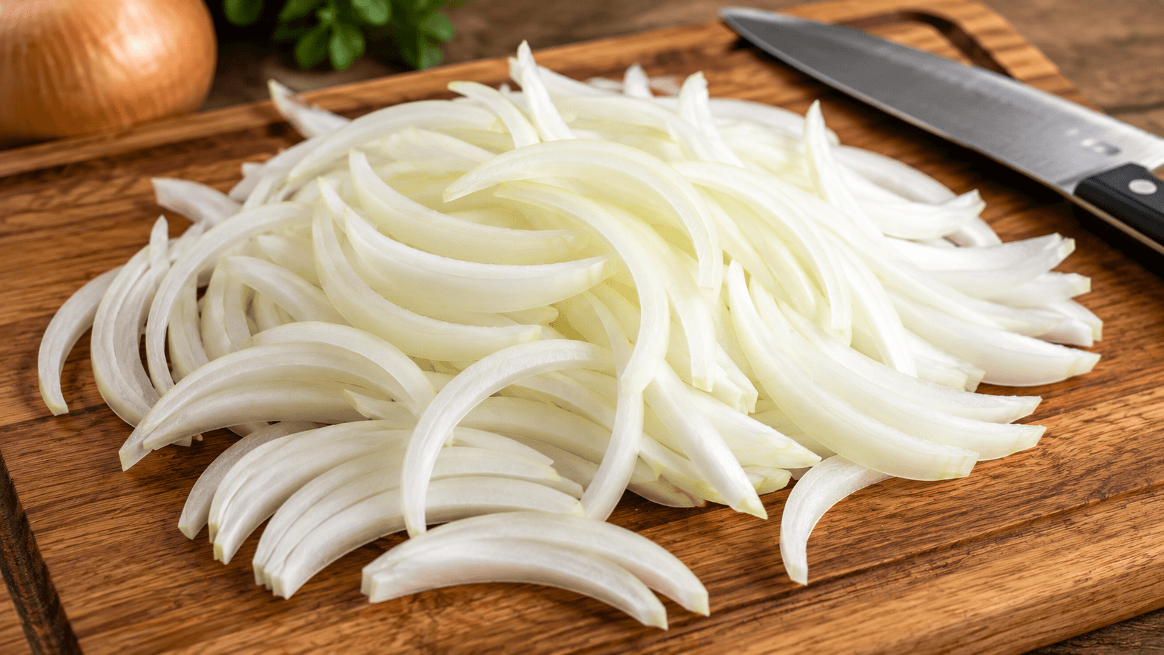 Evenly sliced onions for stir fry showing thin uniform onion strips ready for cooking