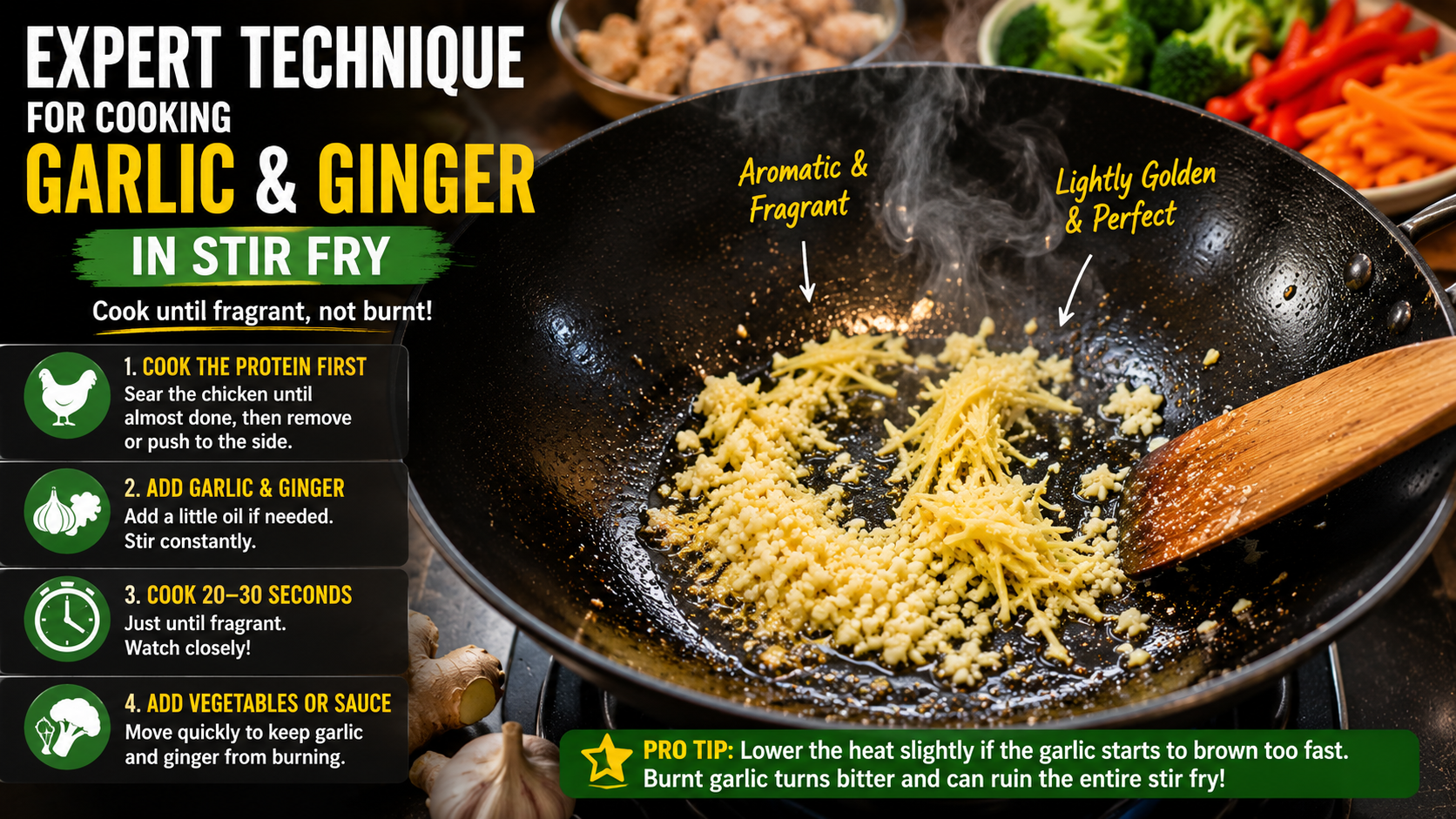 Expert technique for cooking garlic and ginger until fragrant before adding vegetables to stir fry