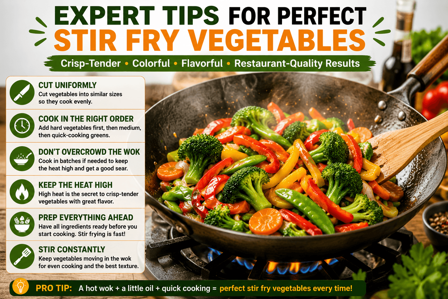Perfect stir fry vegetables cooking in a hot wok using expert techniques for crisp tender results